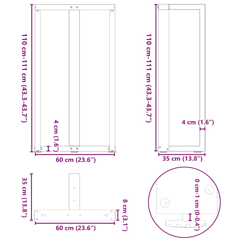 Barbordben T-formet 2 stk hvit 60x35x(110-111) cm stål