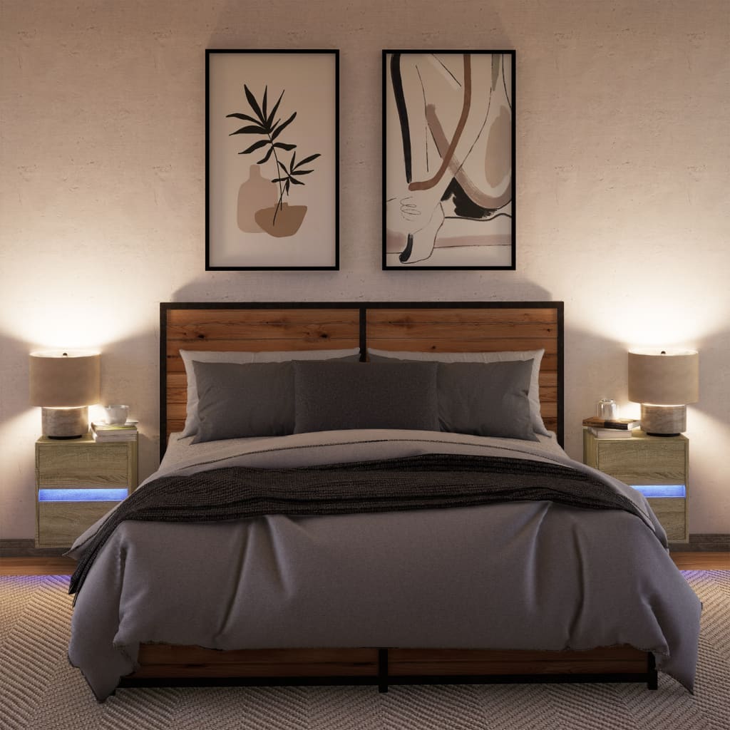 Vegghengte nattbord med LED-lys 2 stk sonoma eik