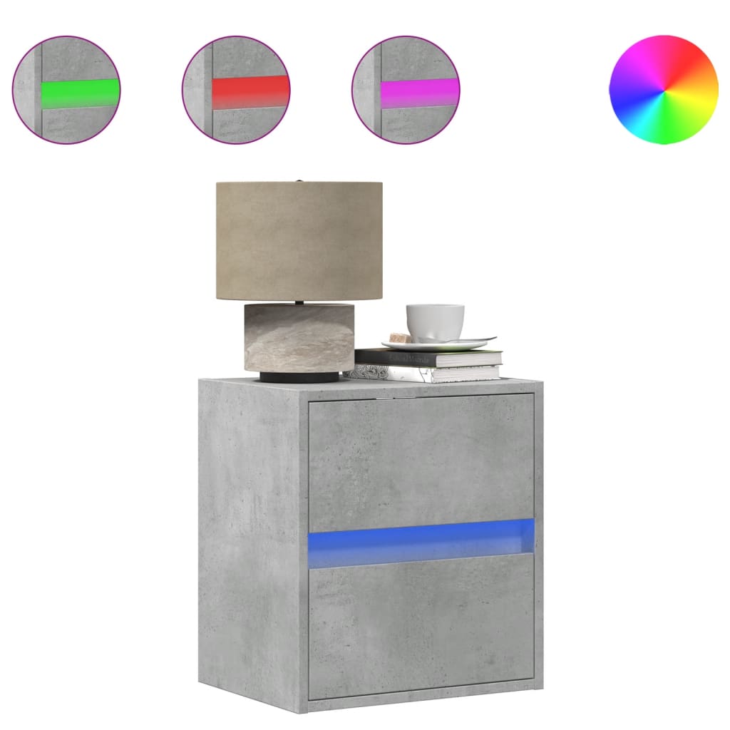 Vegghengt nattbord med LED-lys betonggrå
