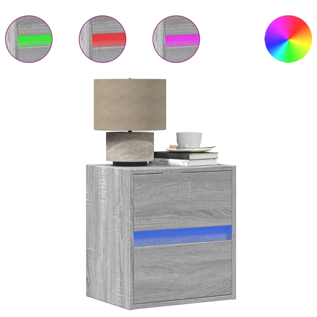 Vegghengte nattbord med LED-lys 2 stk grå sonoma