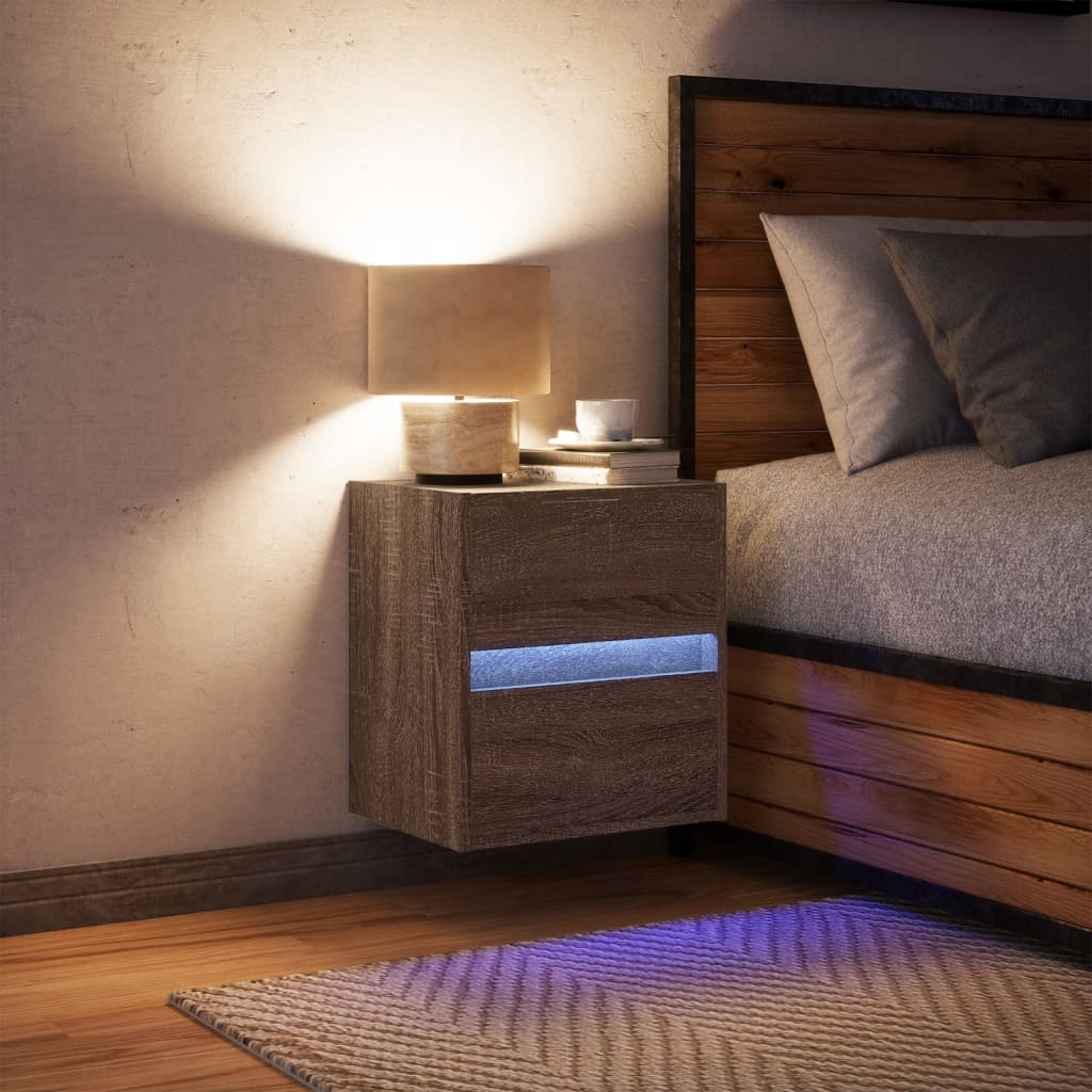 Vegghengt nattbord med LED-lys 2 stk brun eik