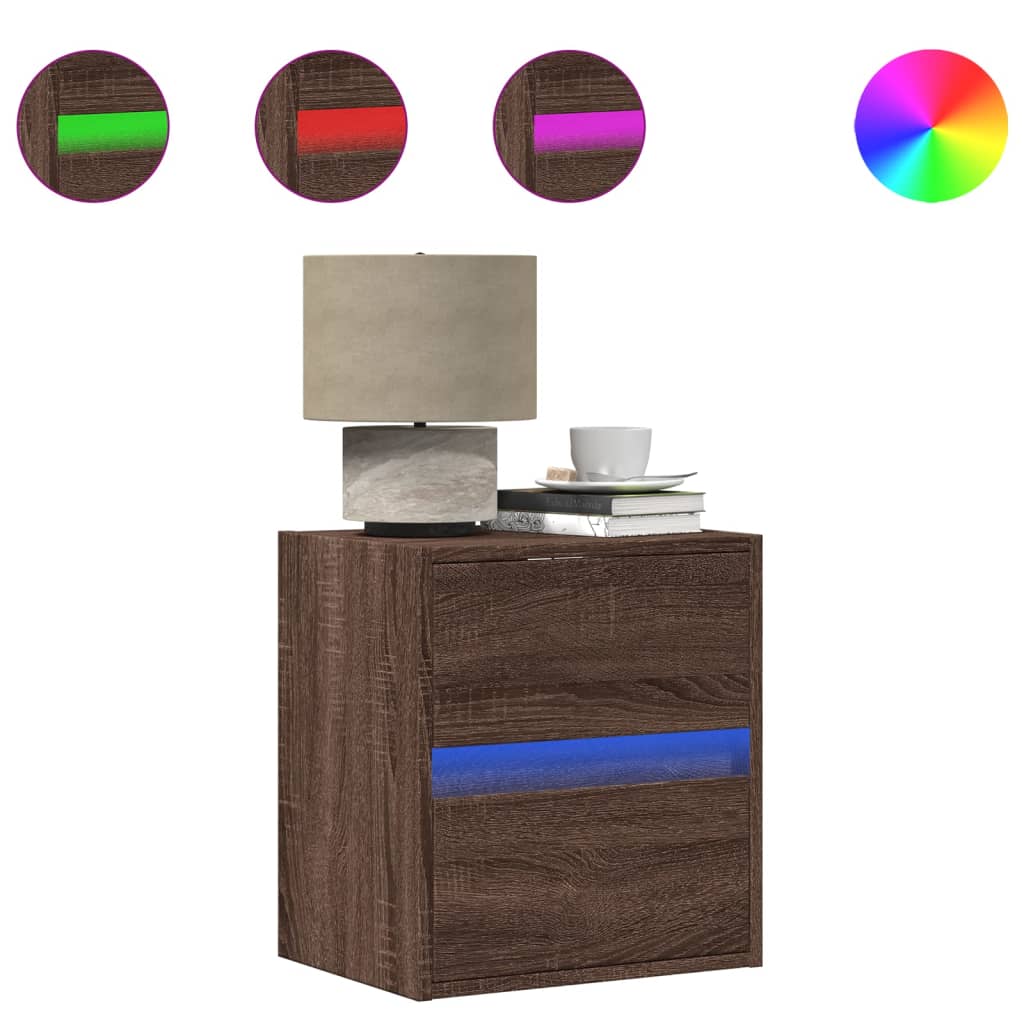 Vegghengte nattbord med LED-lys 2 stk brun eik