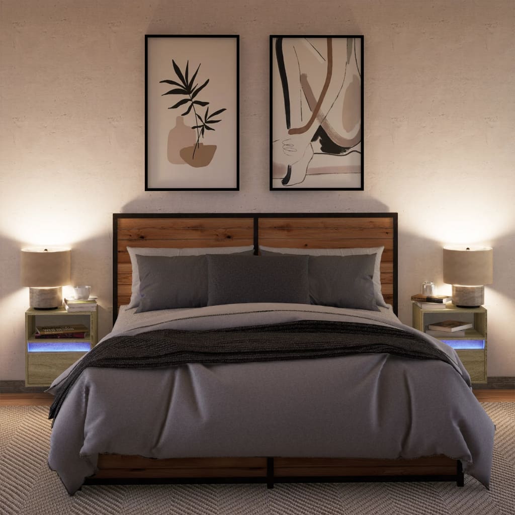 Vegghengte nattbord med LED-lys 2 stk sonoma eik