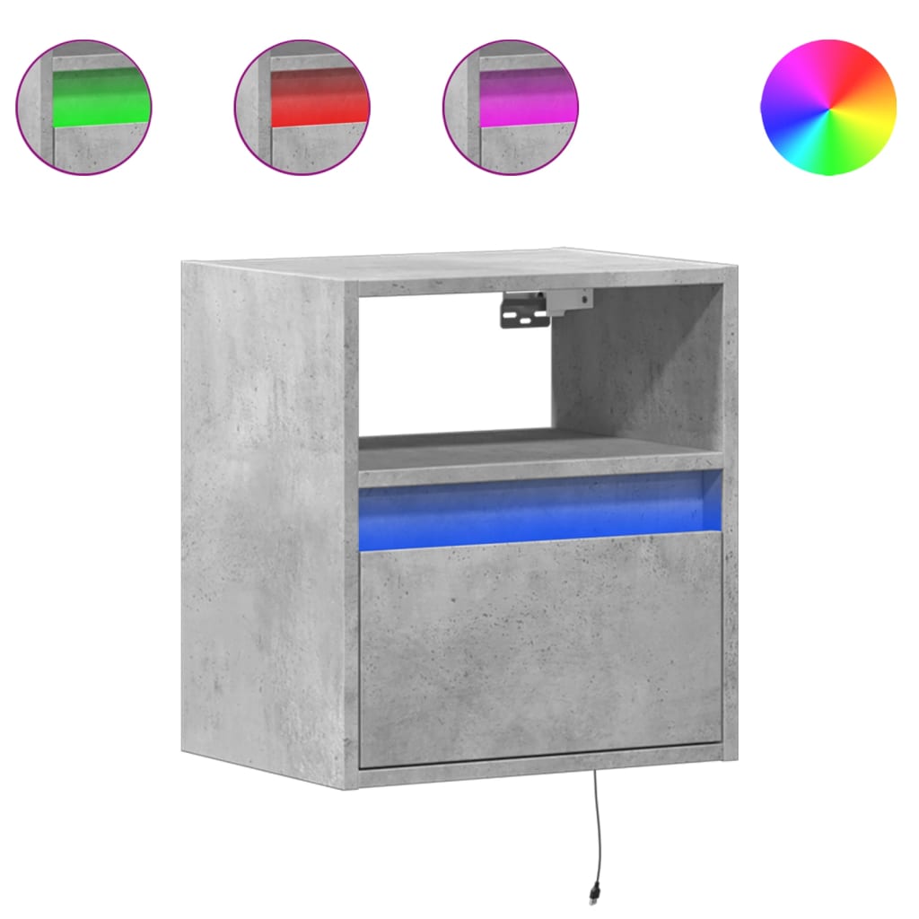 Vegghengt nattbord med LED-lys betonggrå
