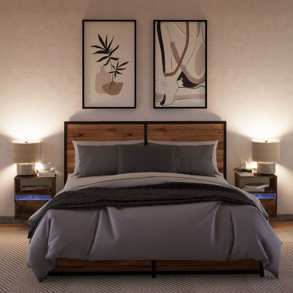 Vegghengte nattbord med LED-lys 2 stk røkt eik