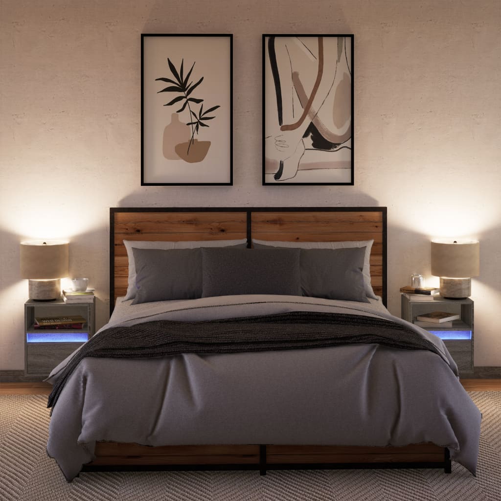 Vegghengte nattbord med LED-lys 2 stk grå sonoma