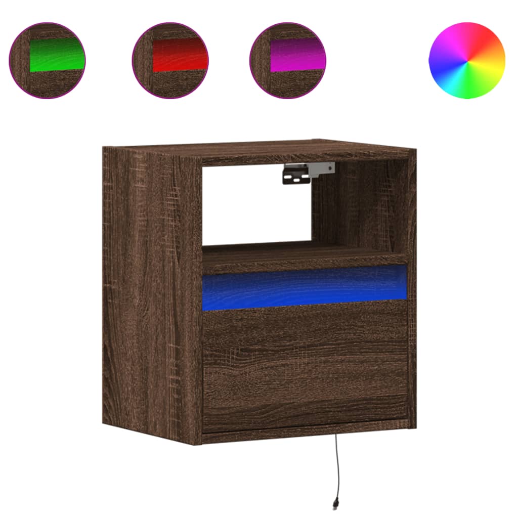 Vegghengte nattbord med LED-lys 2 stk brun eik