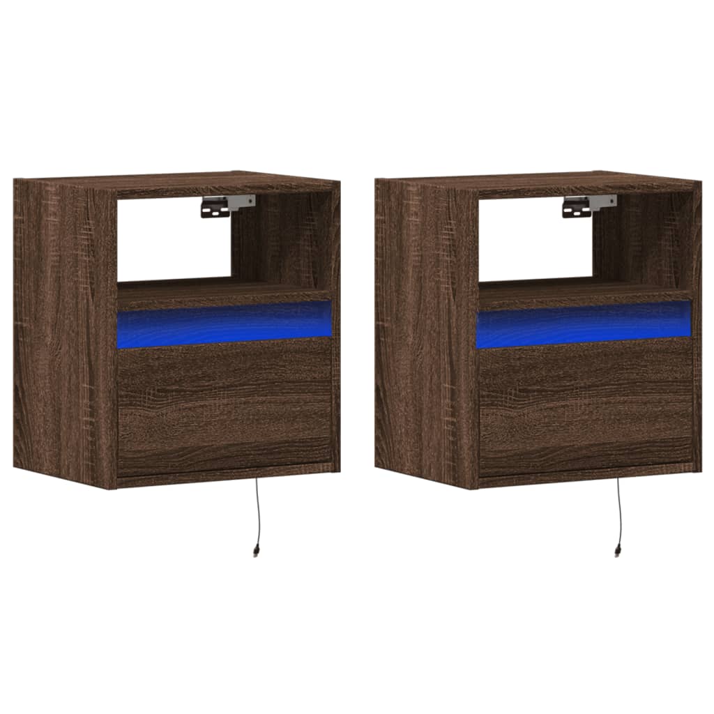 Vegghengte nattbord med LED-lys 2 stk brun eik