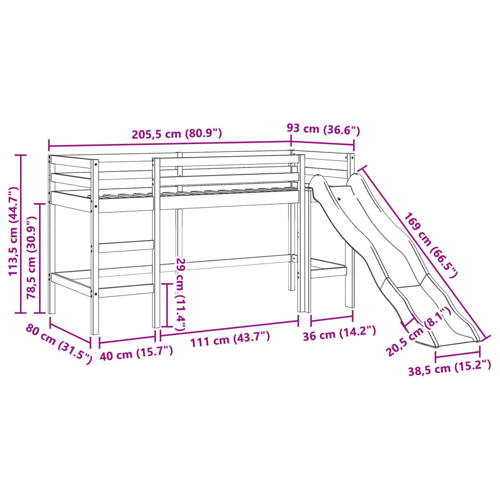 Loftseng for barn uten madrass hvit 80x200 cm heltre furu