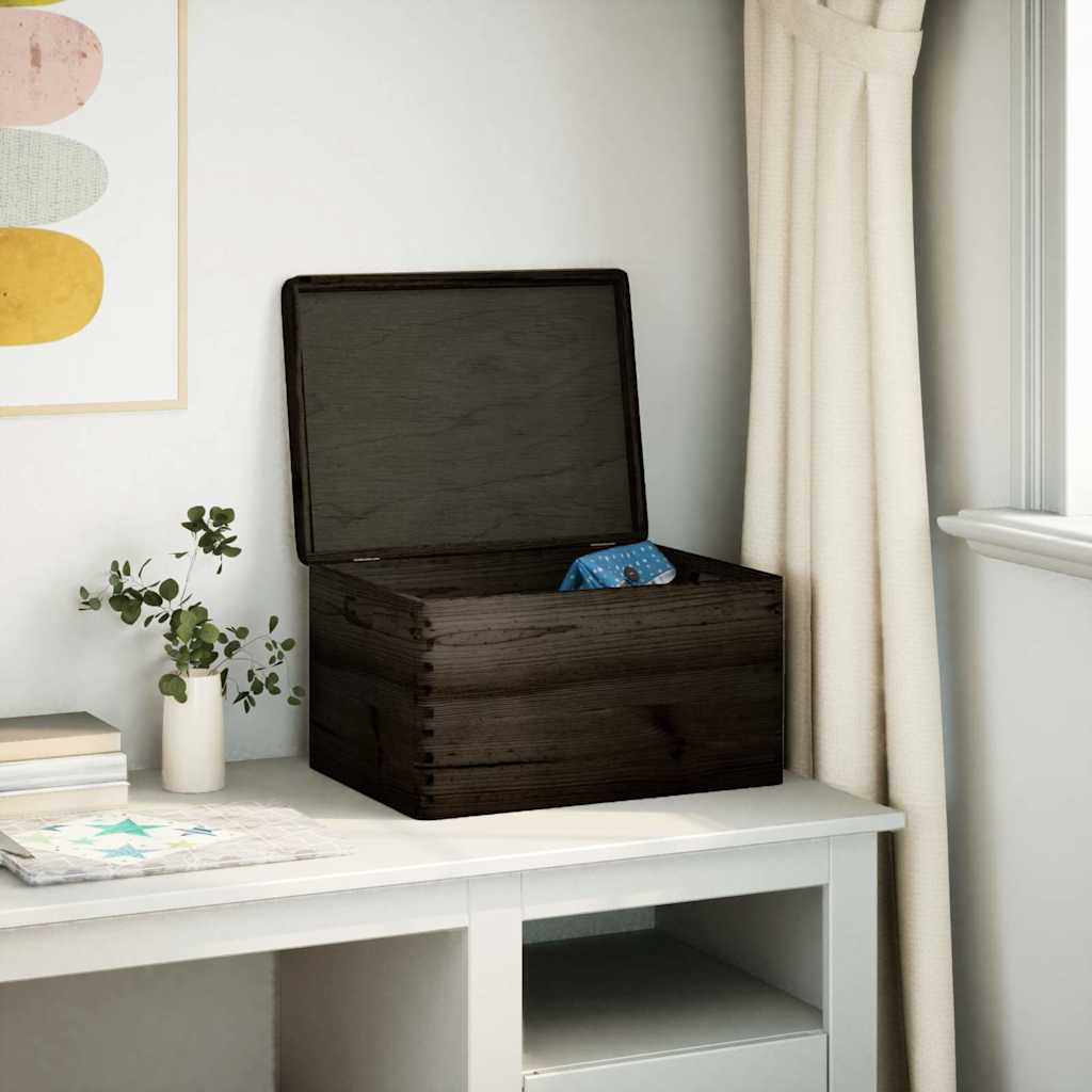 Trekasse med lokk og håndtak svart 40x30x23cm heltre furu