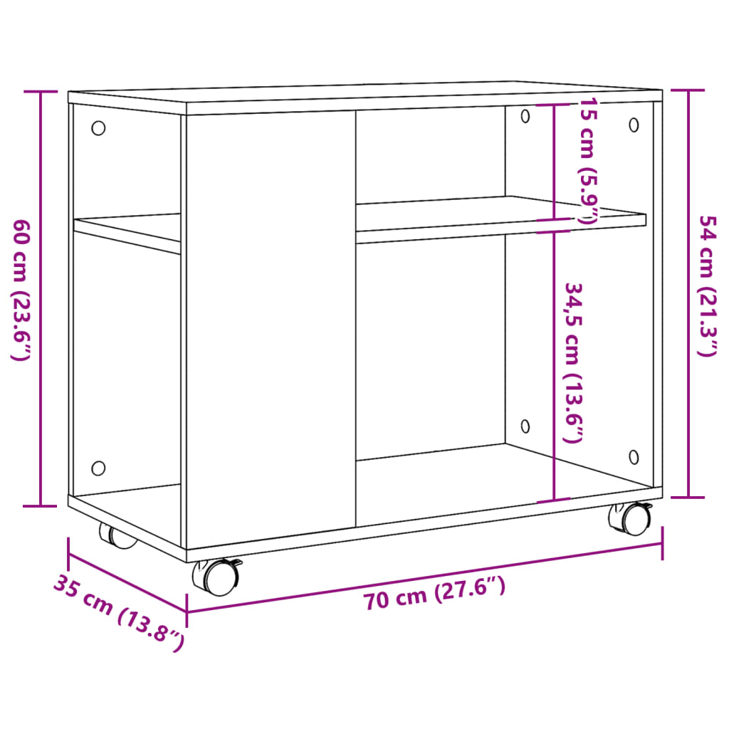 Sidebord med hjul artisan eik 70x35x60 cm konstruert tre