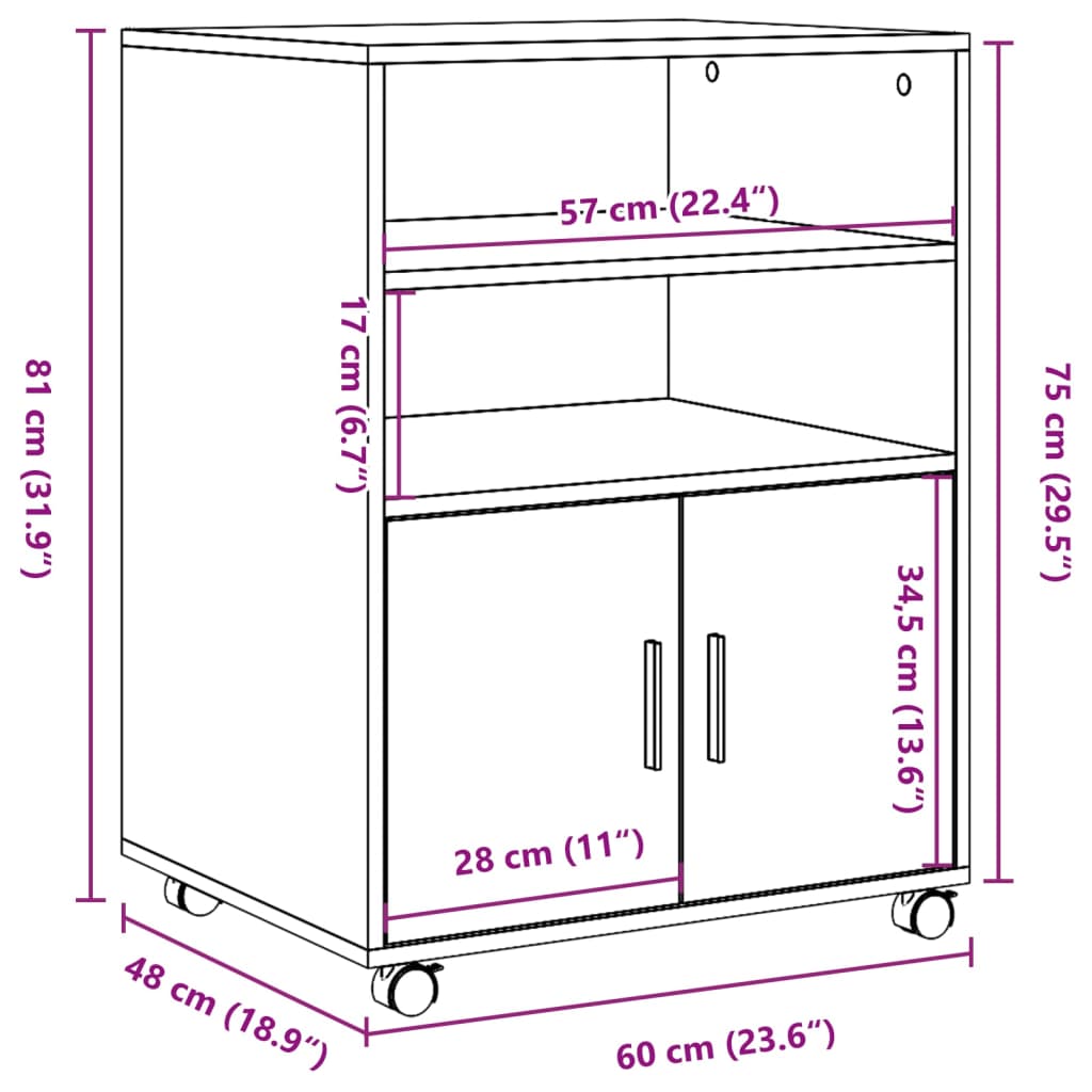 Rulleskap hvit 60x48x81 cm konstruert tre