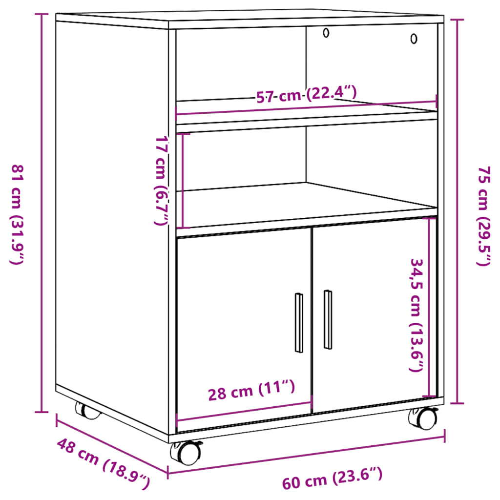 Rulleskap brun eik 60x48x81 cm konstruert tre