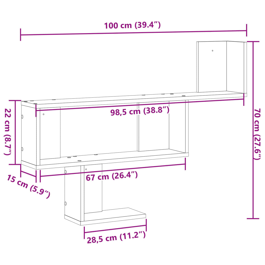 Vegghylle hvit 100x15x70 cm konstruert tre