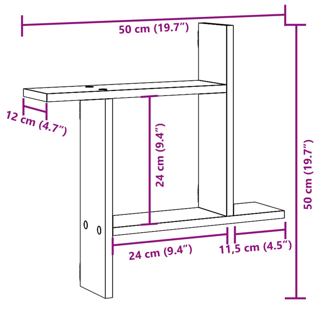 Vegghyller 2 stk hvit 50x12x50 cm konstruert tre