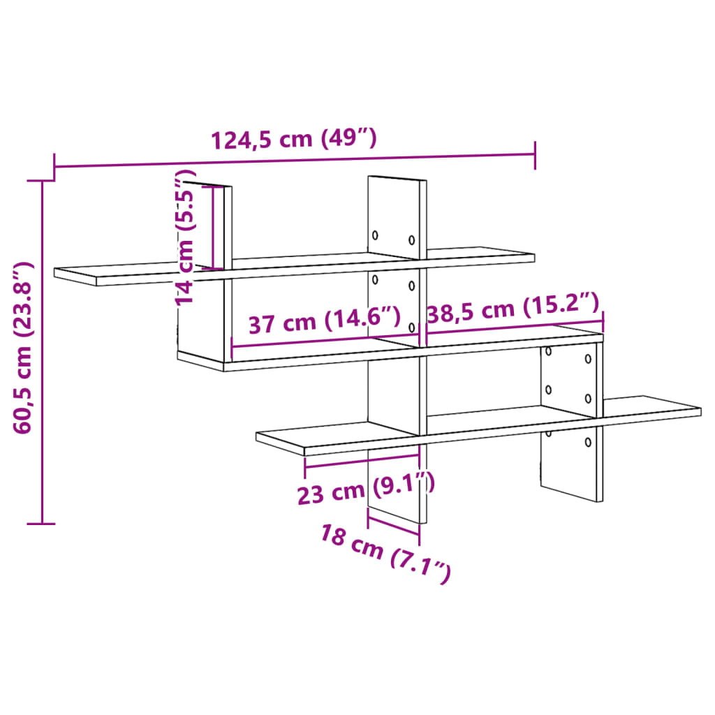 Vegghylle gammelt tre 124,5x18x60,5 cm konstruert tre