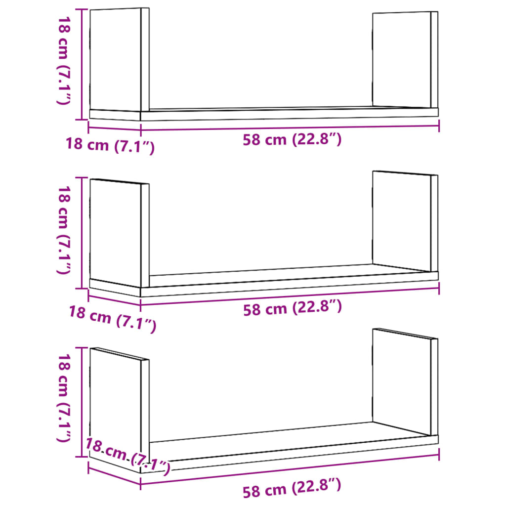 Vegghyller 3 stk svart 58x18x18 cm konstruert tre