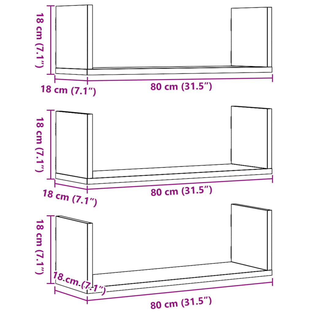 Vegghyller 3 stk svart 80x18x18 cm sponplate