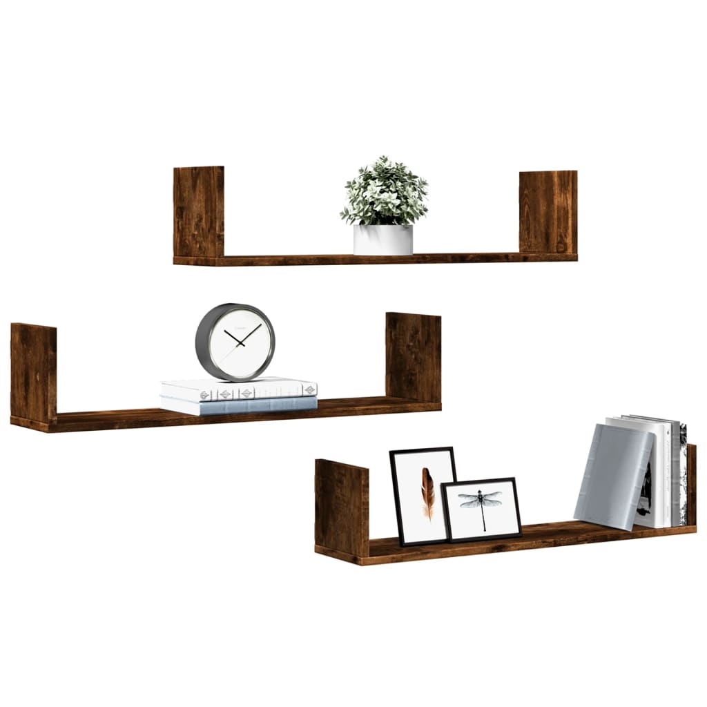 Vegghyller 3 stk røkt eik 80x18x18 cm konstruert tre