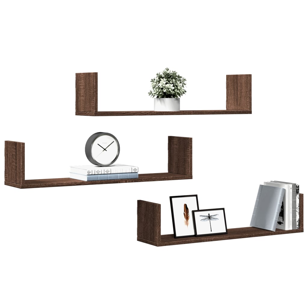 Vegghyller 3 stk brun eik 80x18x18 cm konstruert tre