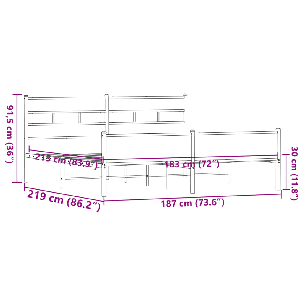 Sengeramme i metall uten madrass brun eik 183x213 cm