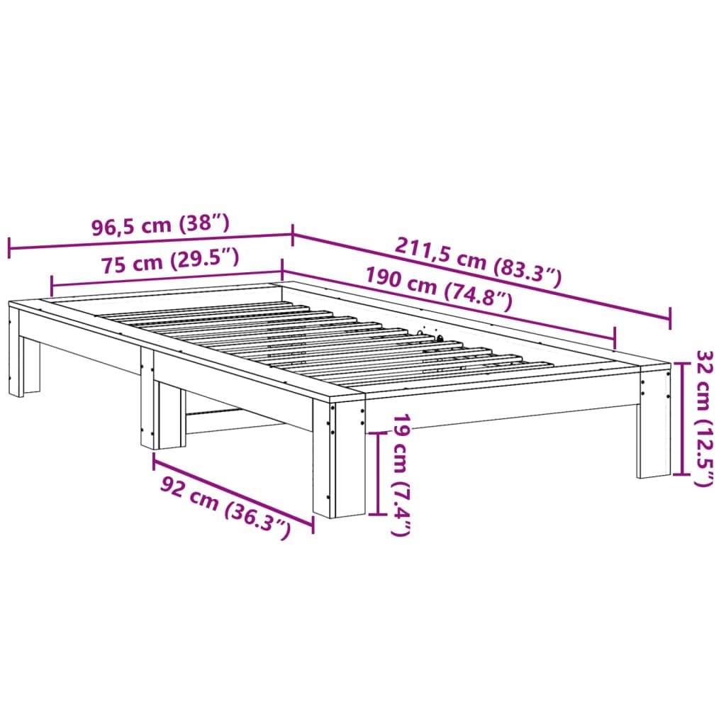 Sengeramme uten madrass voksbrun 75x190 cm heltre furu