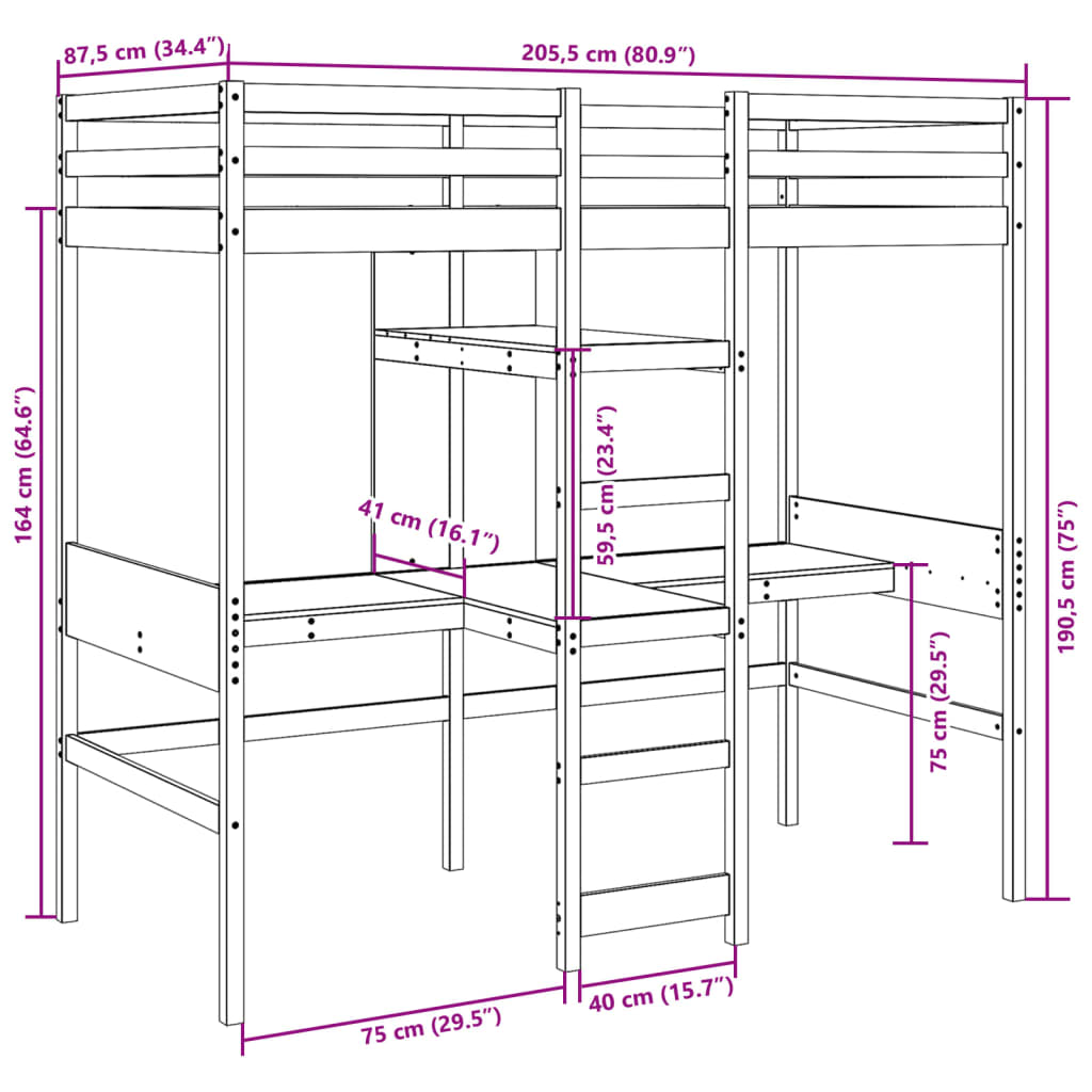 Ramme for loftseng uten madrass voksbrun 80x200 cm heltre furu
