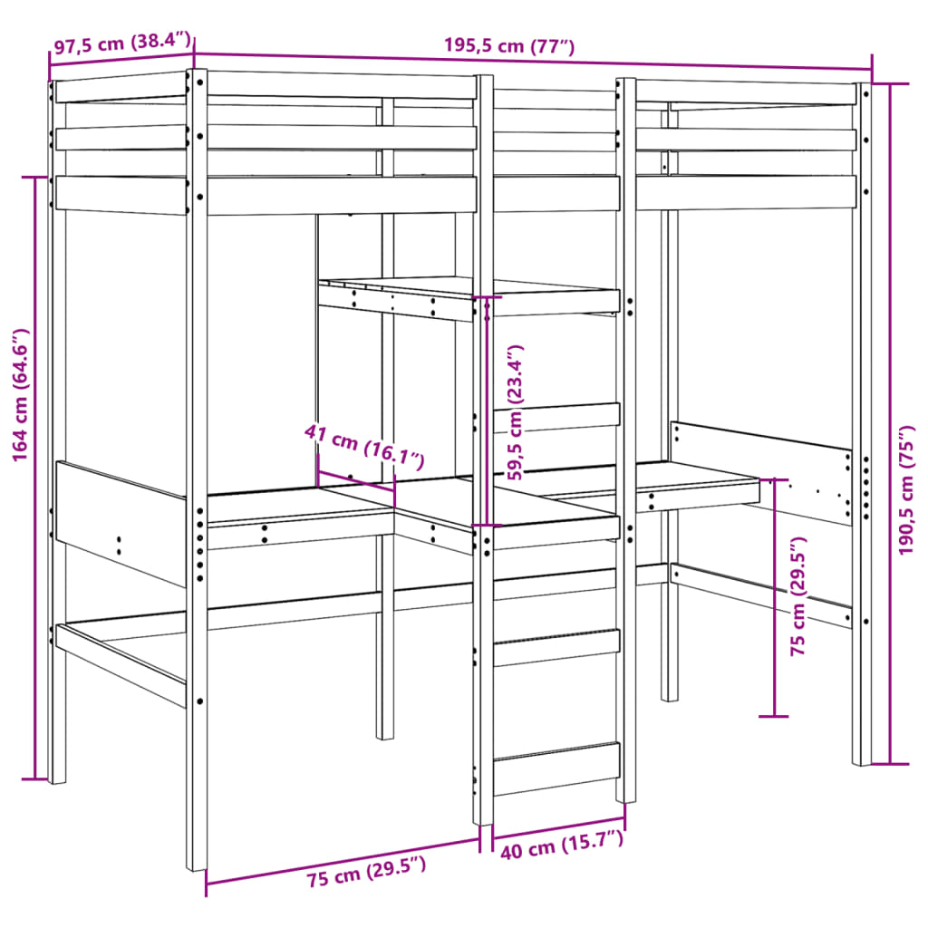 Ramme for loftseng uten madrass voksbrun 90x190 cm heltre furu