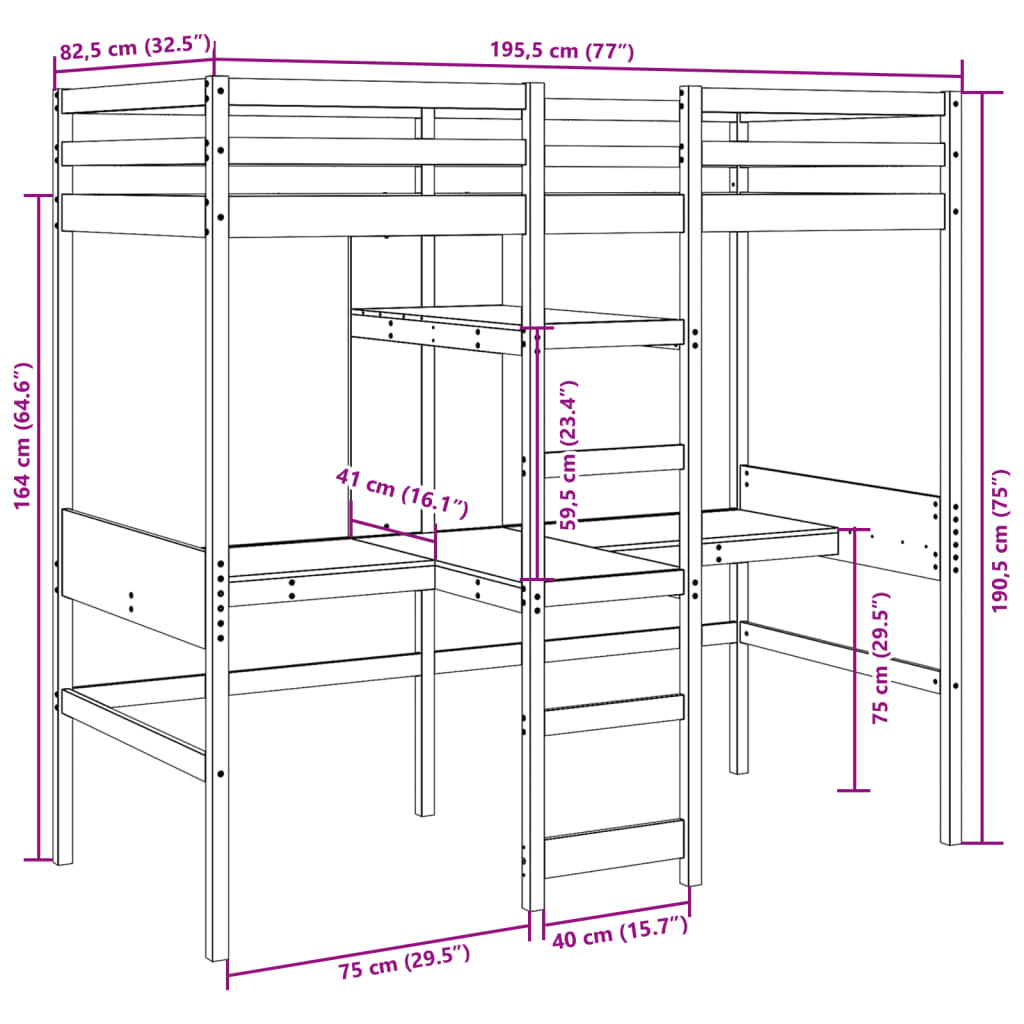 Ramme for loftseng uten madrass hvit 75x190 cm heltre furu