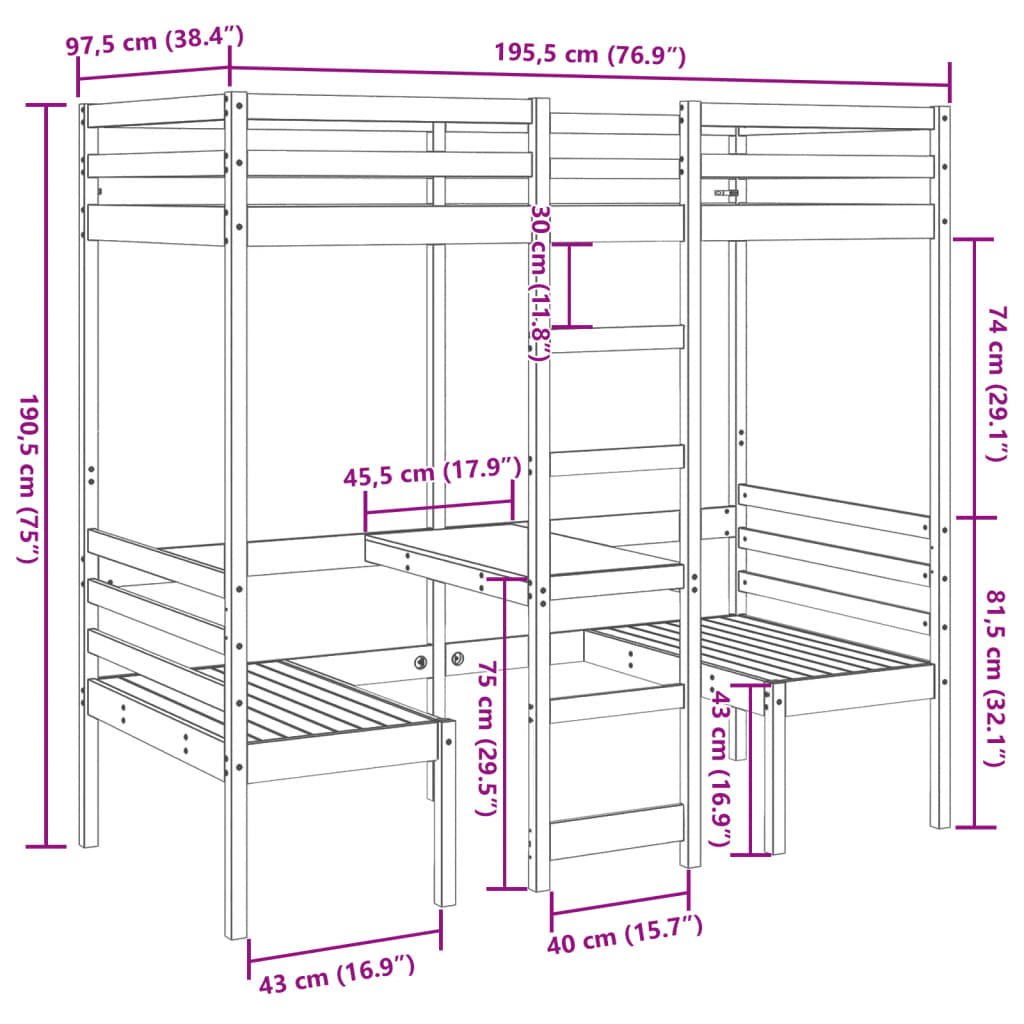 Ramme for loftseng skrivebord og stoler 90x190 cm heltre furu
