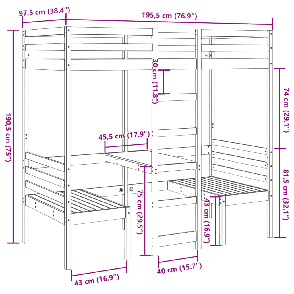 Ramme loftseng skrivebord stoler voksbrun 90x190 cm heltre furu
