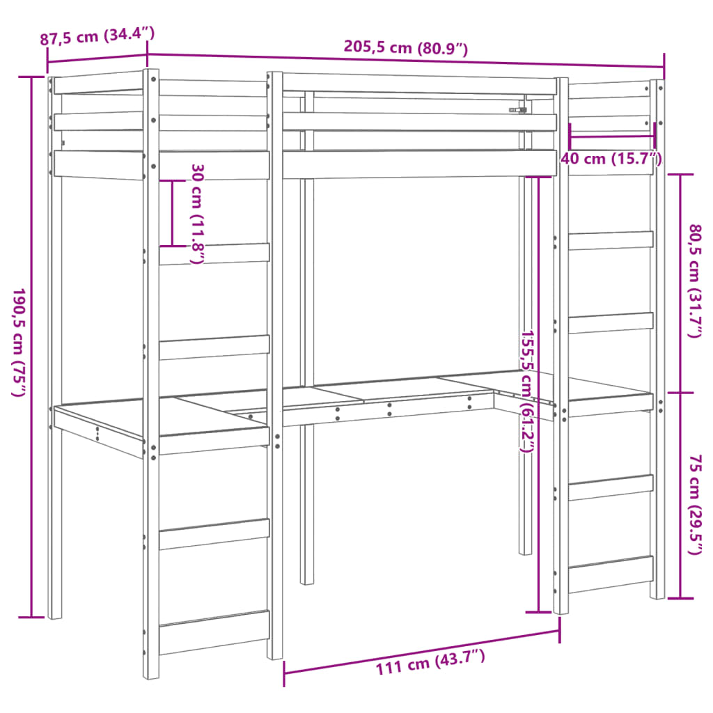 Ramme for loftseng uten madrass voksbrun 80x200 cm heltre furu