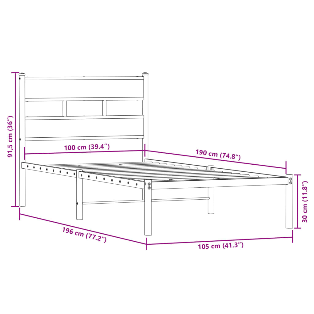 Sengeramme i metall uten madrass røkt eik 100x190 cm