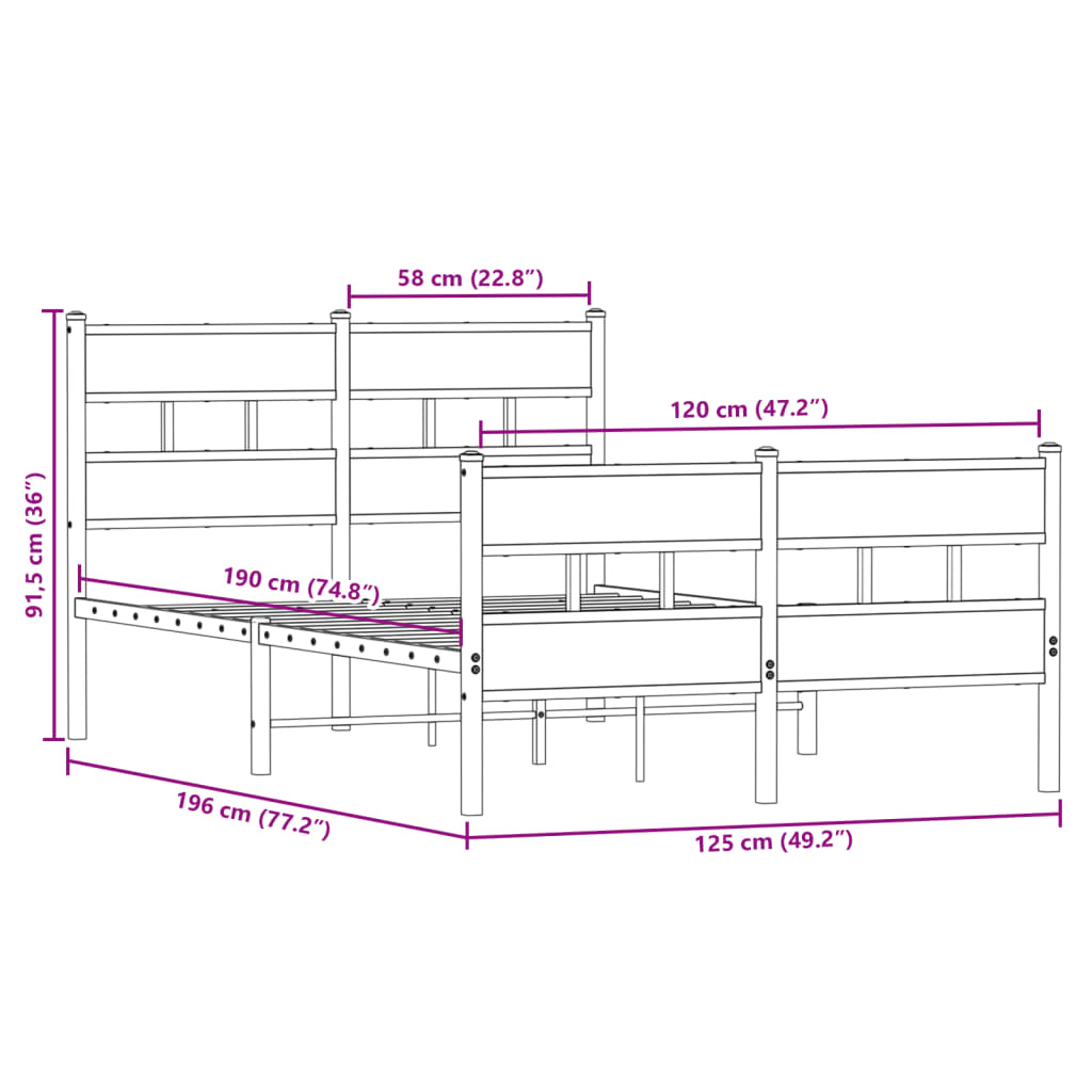 Sengeramme i metall uten madrass røkt eik 120x190 cm