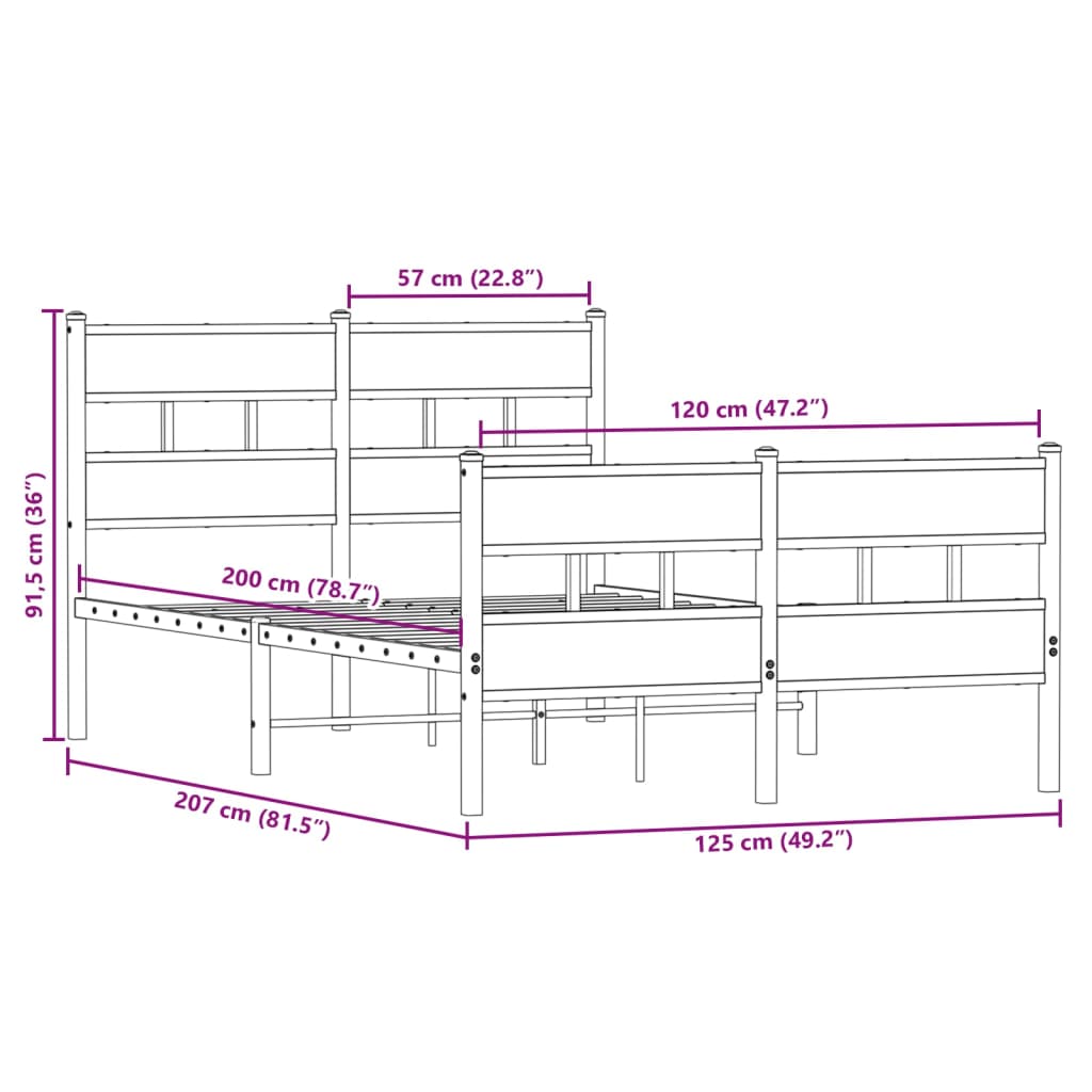 Sengeramme i metall uten madrass røkt eik 120x200 cm