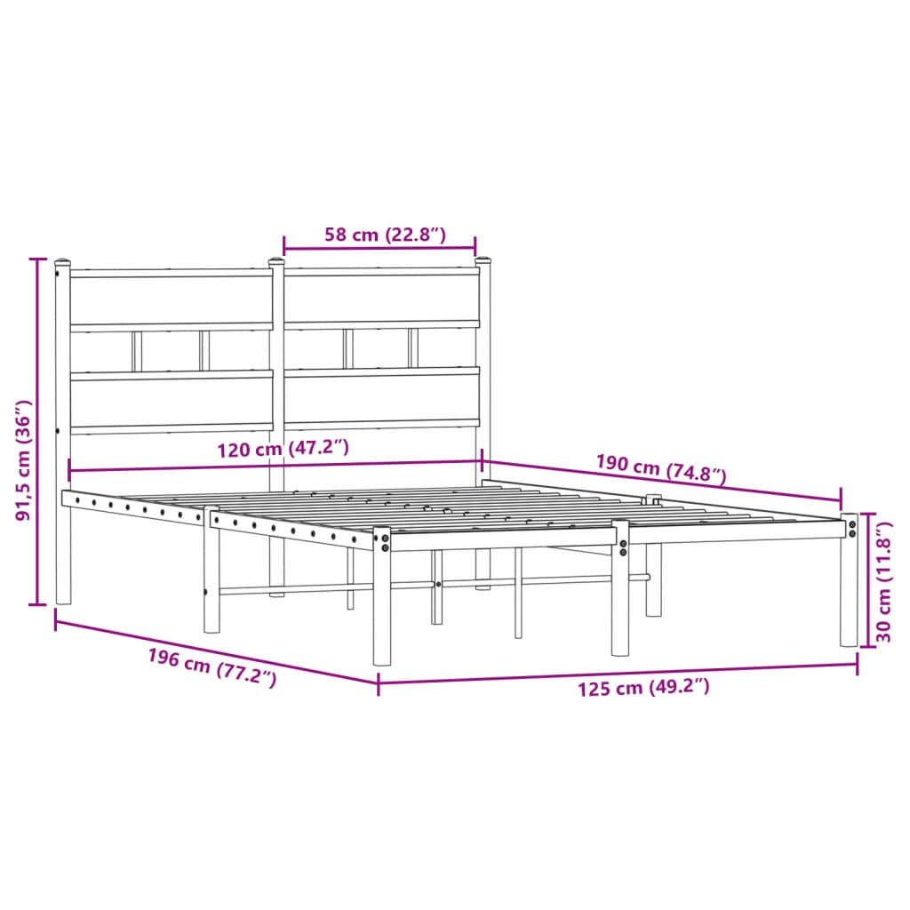 Sengeramme i metall uten madrass sonoma eik 120x190 cm