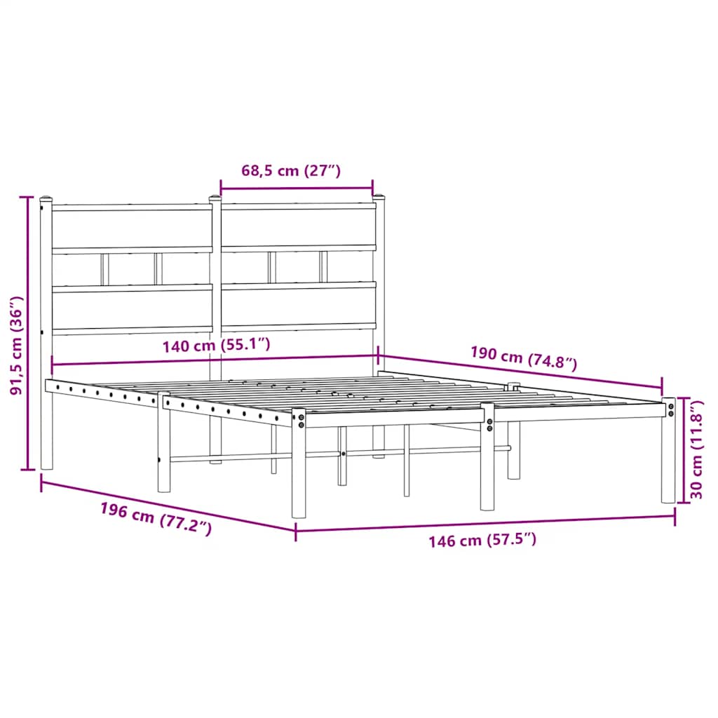 Sengeramme i metall uten madrass sonoma eik 140x190 cm vidaXL