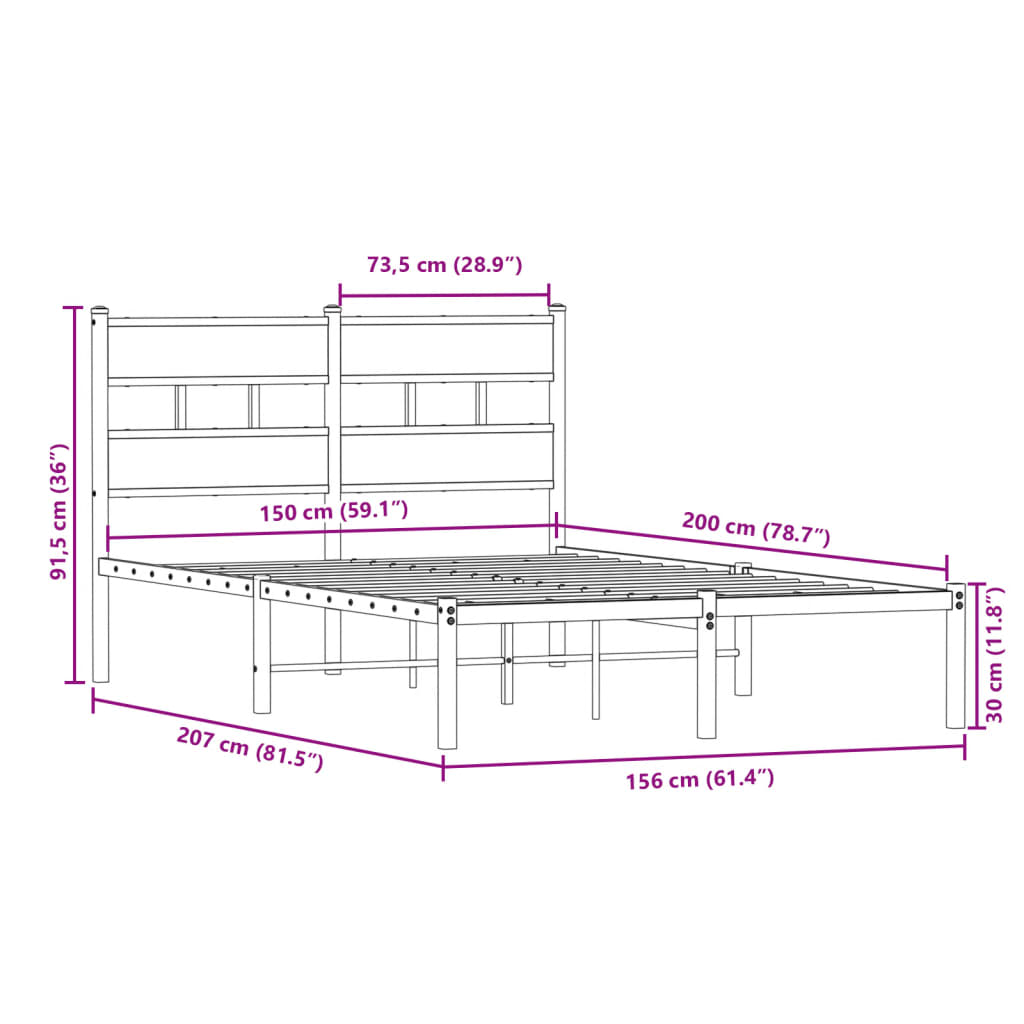 Sengeramme i metall uten madrass sonoma eik 150x200 cm