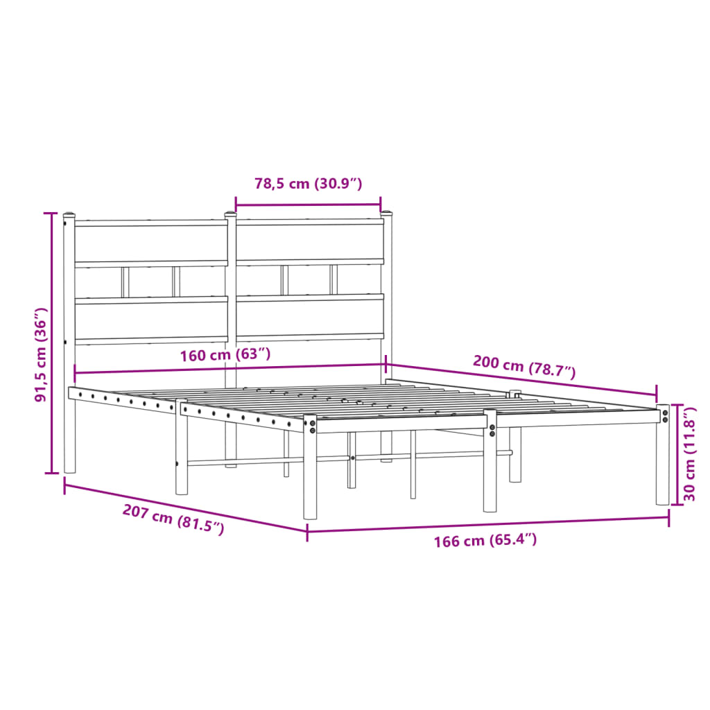 Sengeramme i metall uten madrass sonoma eik 160x200 cm vidaXL