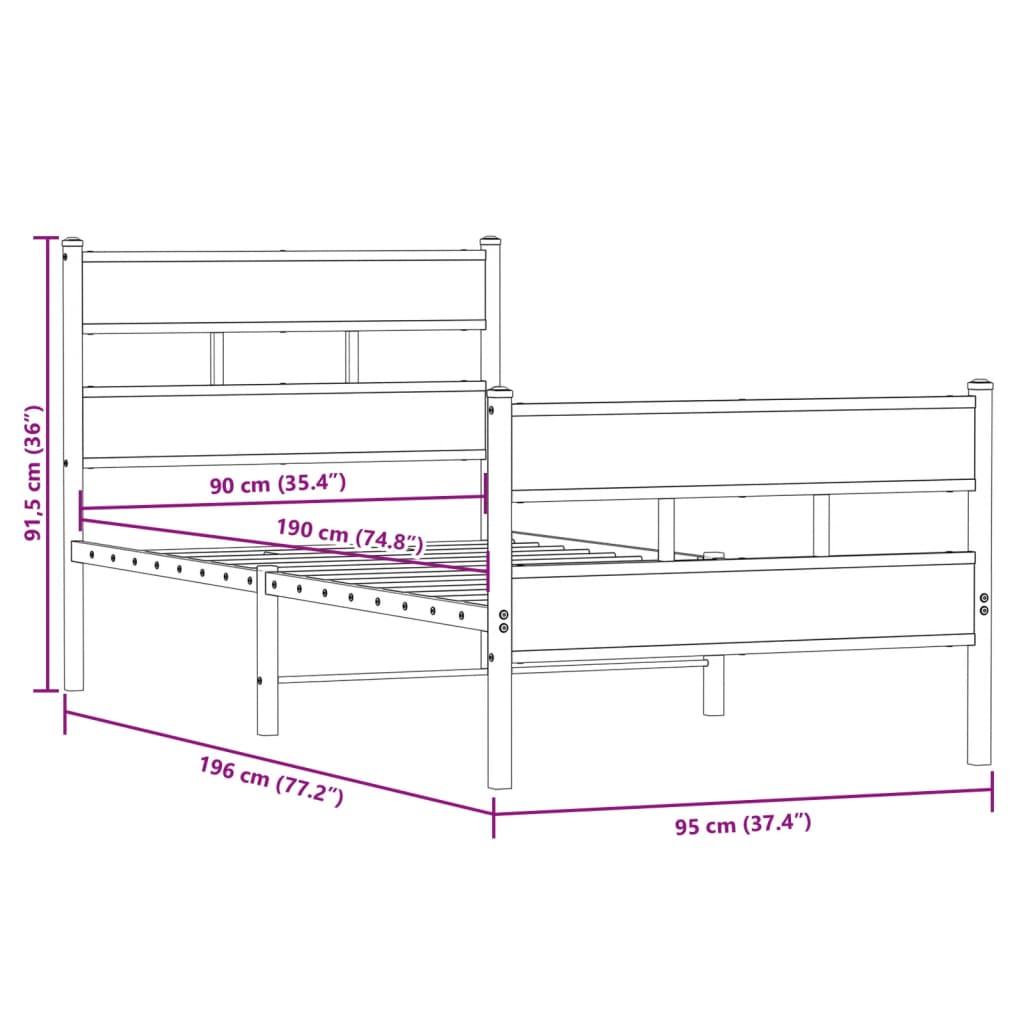 Sengeramme i metall uten madrass sonoma eik 90x190 cm vidaXL