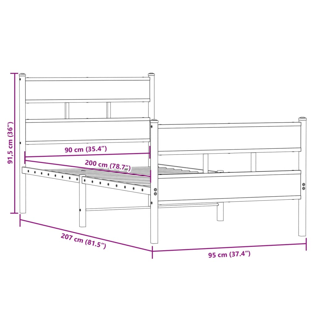 Sengeramme i metall uten madrass sonoma eik 90x200 cm