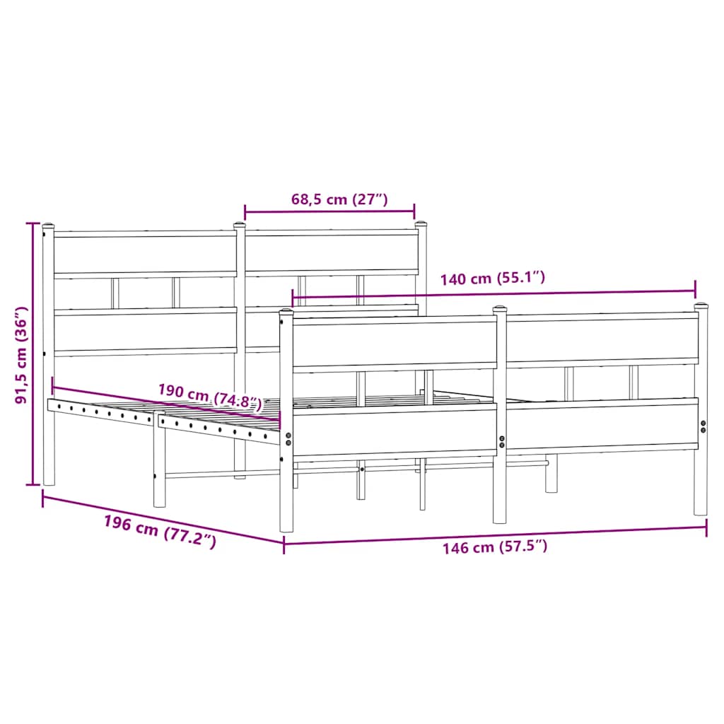 Sengeramme i metall uten madrass sonoma eik 140x190 cm