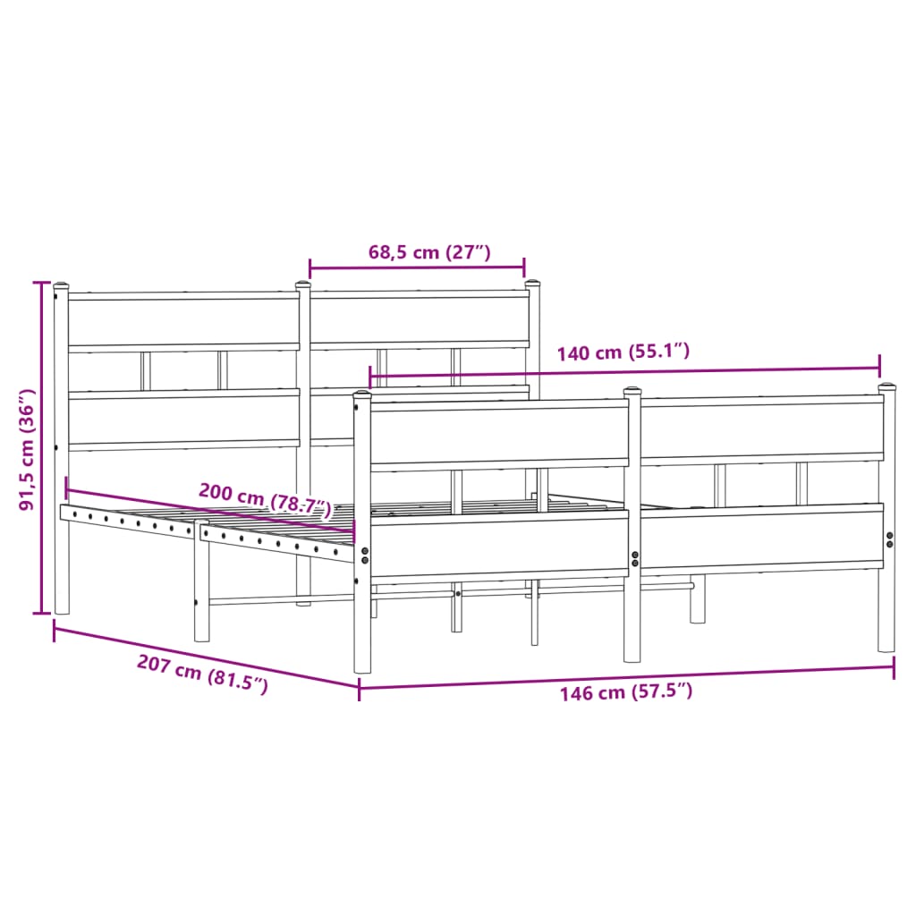 Sengeramme i metall uten madrass sonoma eik 140x200 cm
