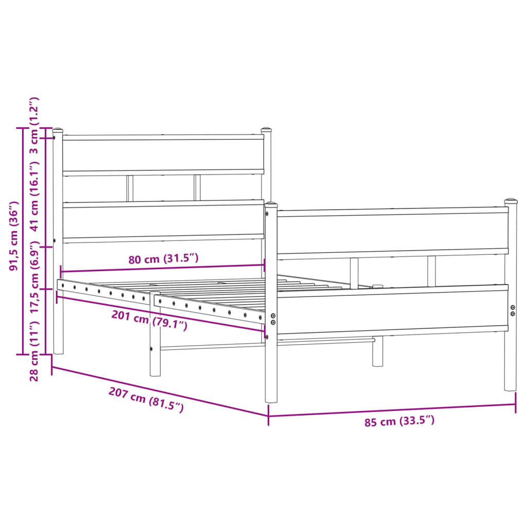 Sengeramme uten madrass med hodegavl og fotgavl 80x200 cm