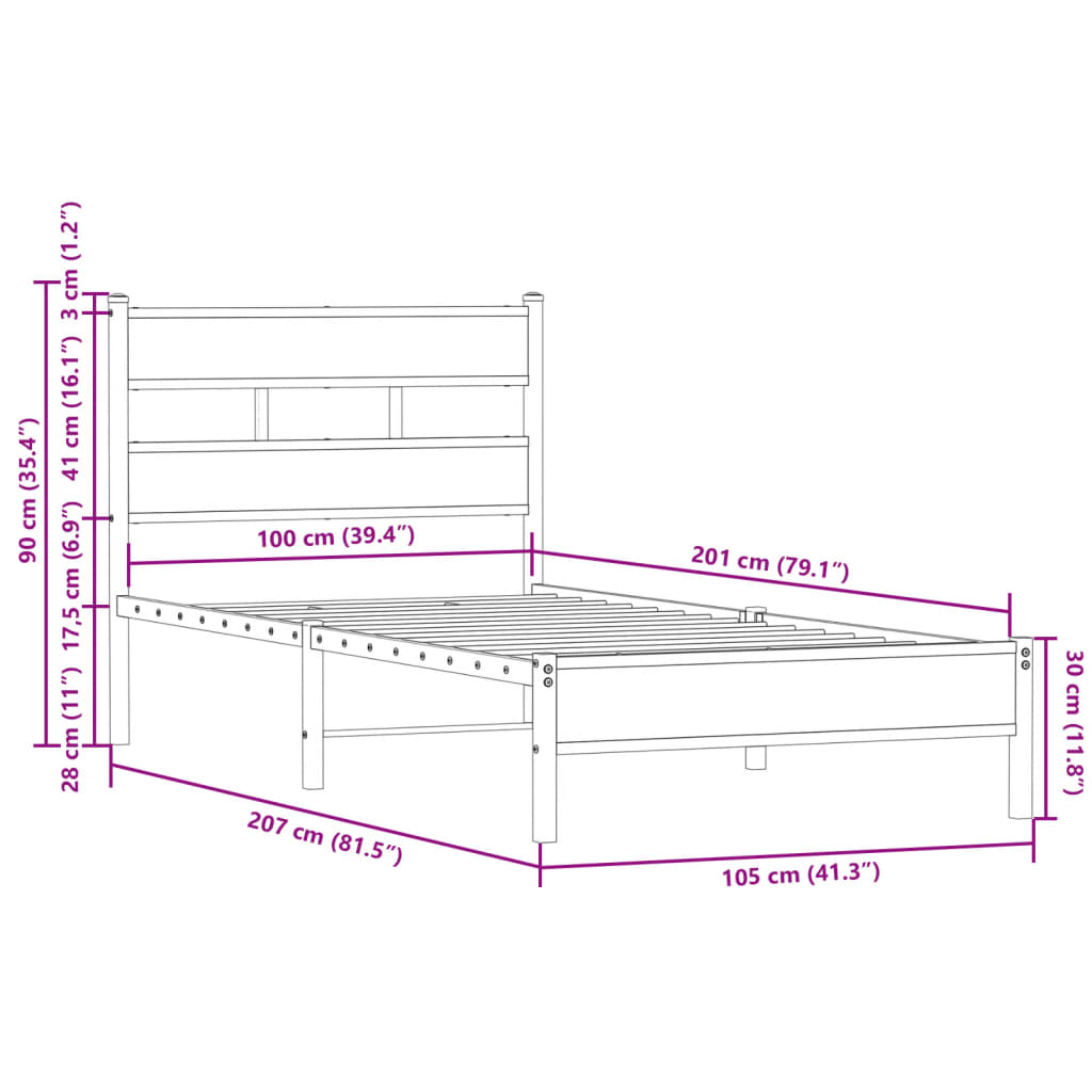 Sengeramme uten madrass med hodegavl sonoma eik 100x200 cm