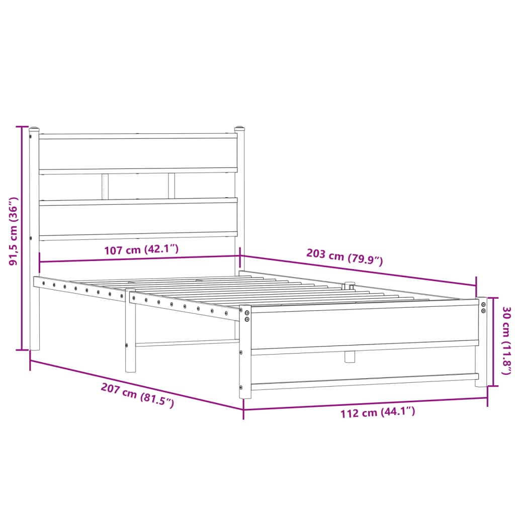 Sengeramme i metall uten madrass røkt eik 107x203 cm
