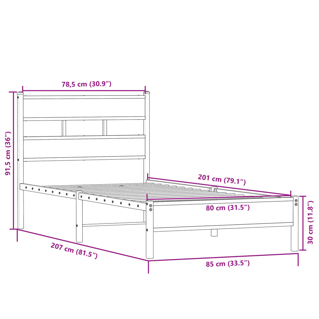 Sengeramme uten madrass sonoma eik 80x200 cm konstruert tre