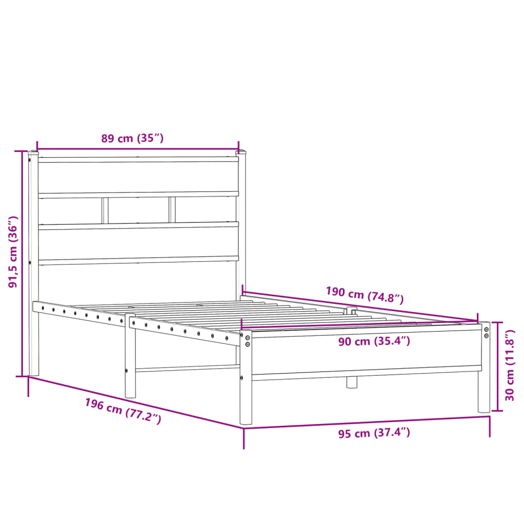 Sengeramme uten madrass sonoma eik 90x190 cm konstruert tre