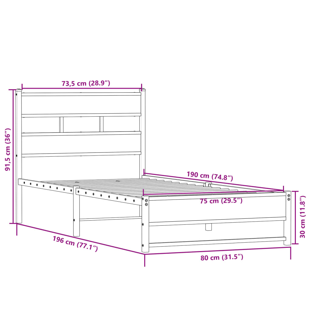 Sengeramme i metall uten madrass sonoma eik 75x190 cm