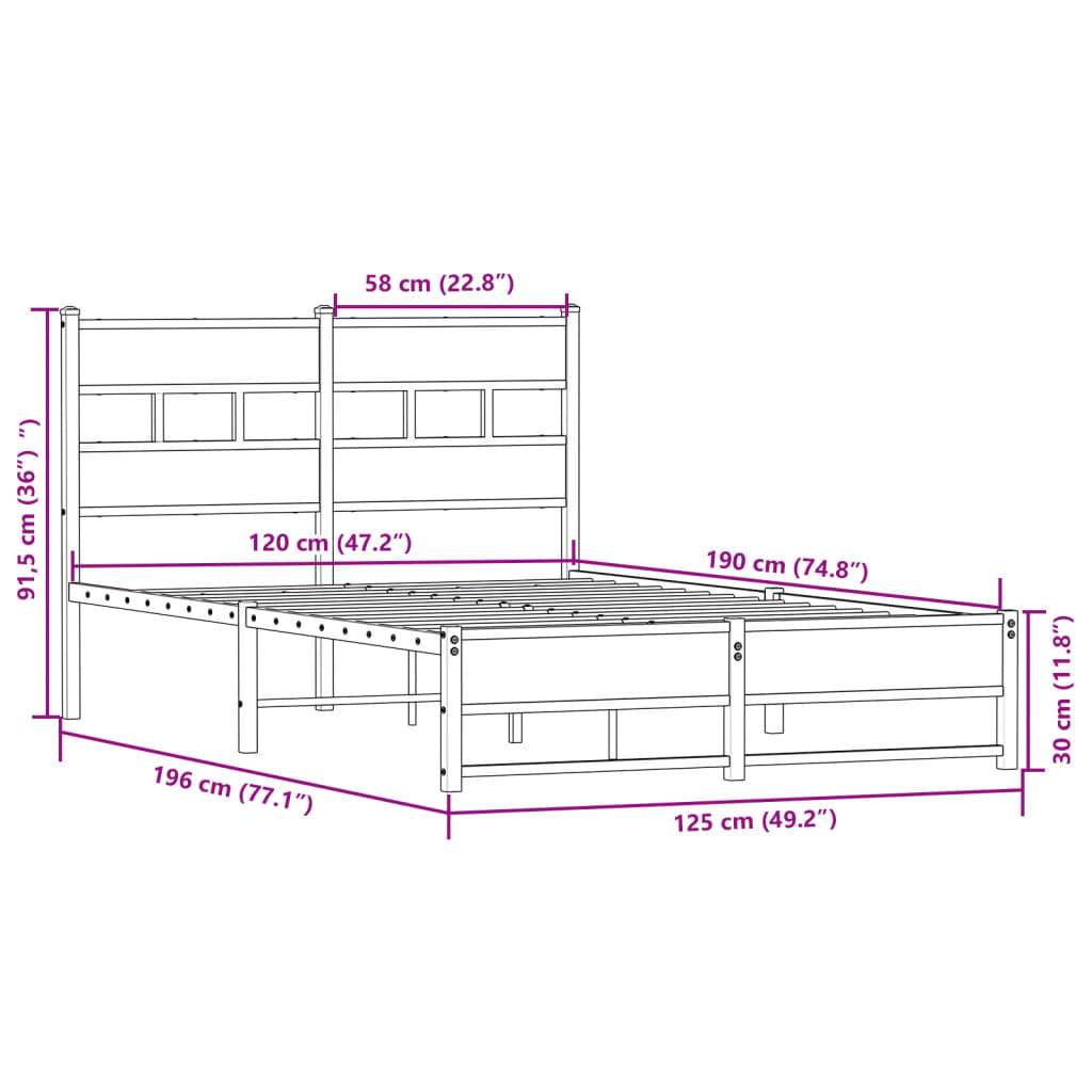 Sengeramme i metall uten madrass sonoma eik 120x190 cm